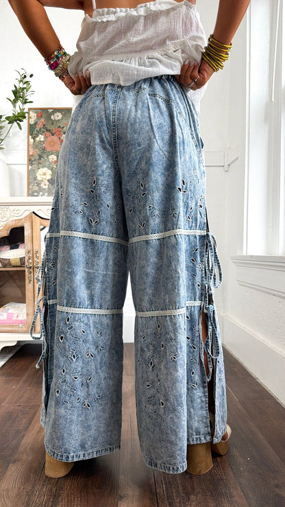 Embroidered Vine Pants, Denim