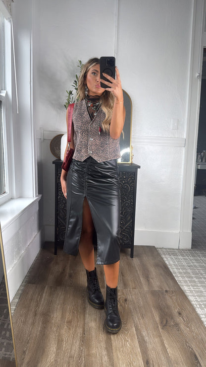 Fancy That Faux Leather Ruched Midi Skirt, Black