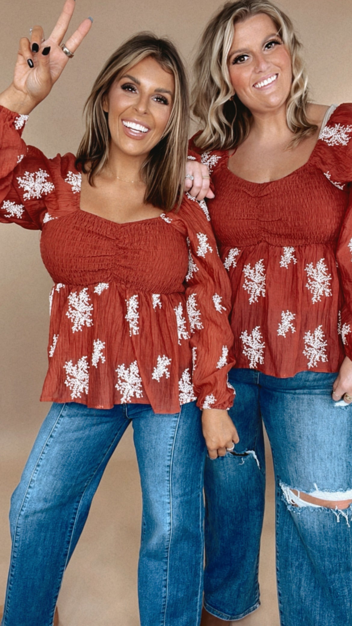 All About Details Embroidered Smocked Blouse, Rust