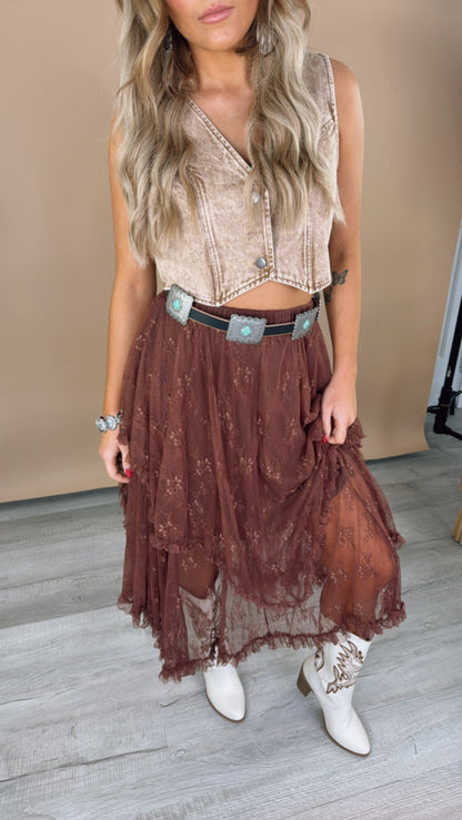 Delicate Dreams Embellished Lace Skirt, Chestnut