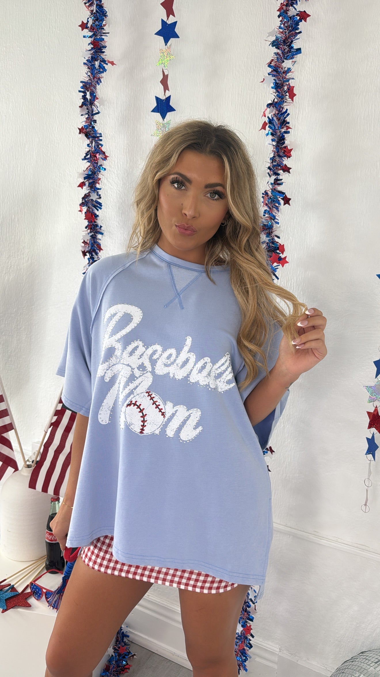 Baseball Mom Oversized Rhinestone Tee, Blue