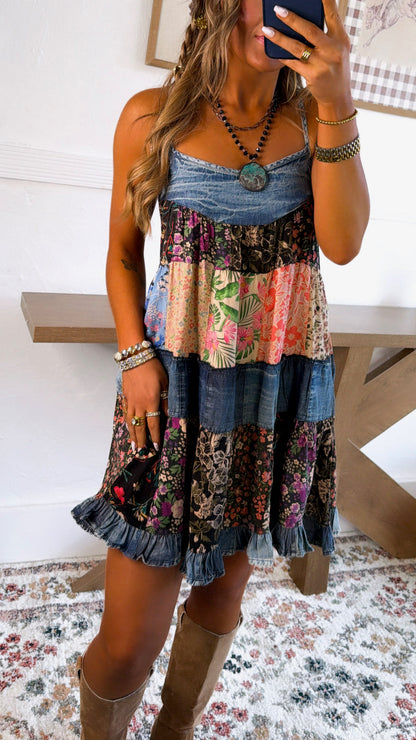 Floral & Denim Mini Dress, Denim
