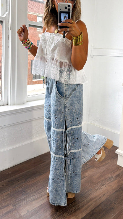 Embroidered Vine Pants, Denim