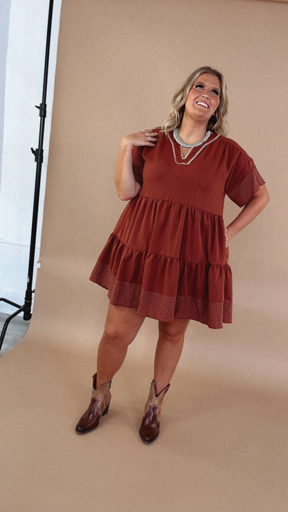 Emmy V Neck Embroidered Mini Dress, Rust