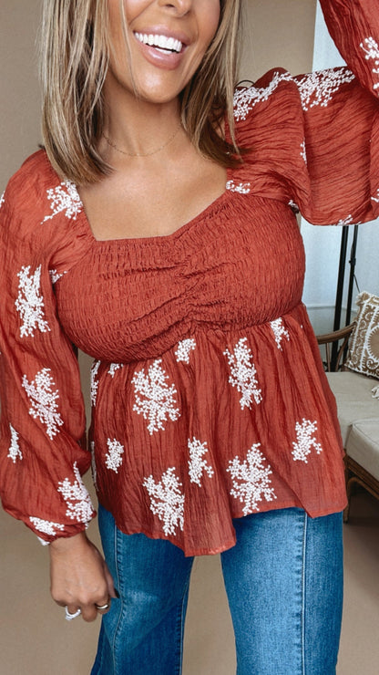 All About Details Embroidered Smocked Blouse, Rust
