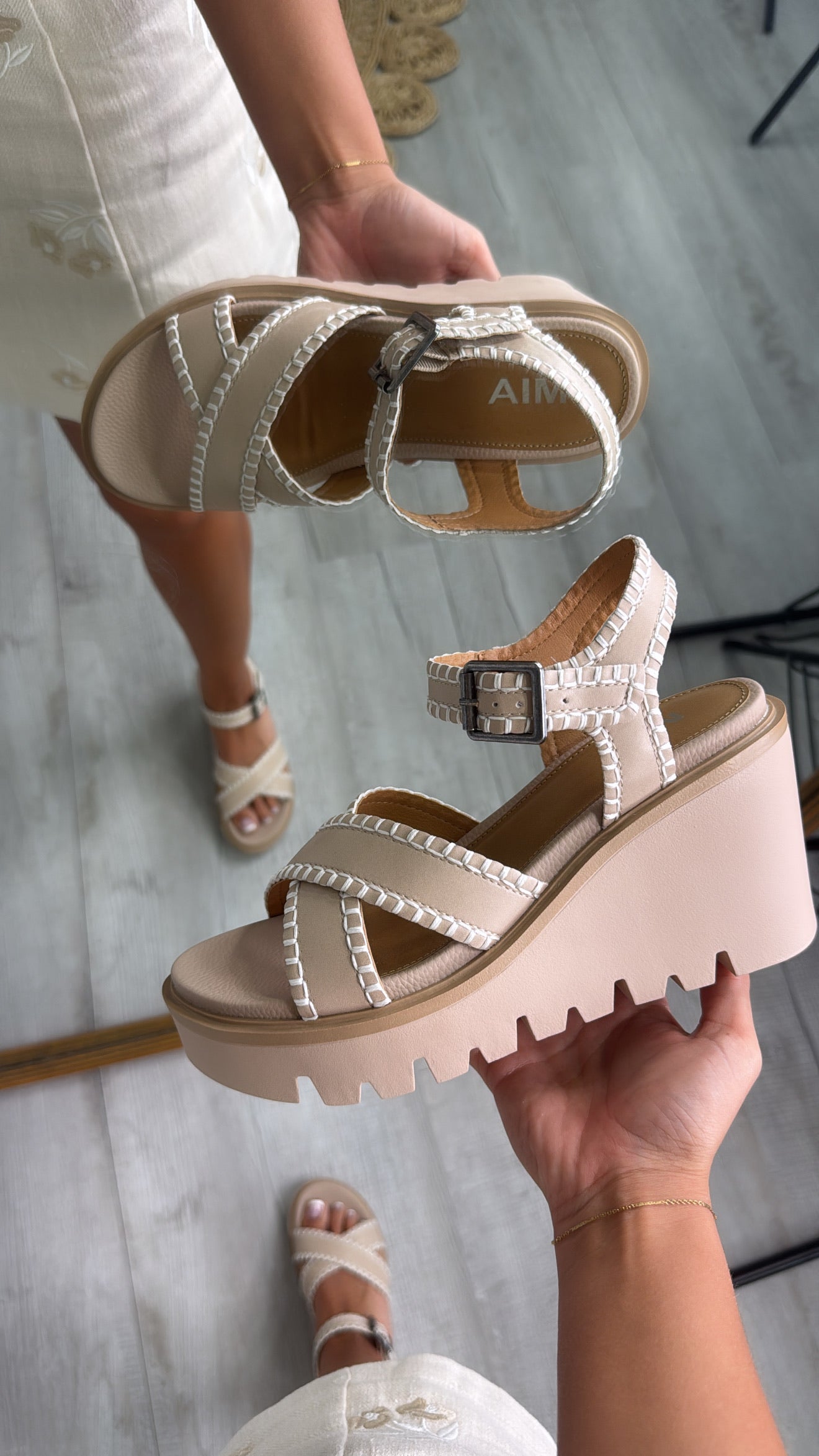 Embroidered Ankle Strap Wedge Sandal, Nude
