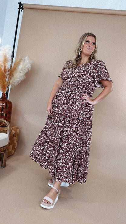 ECB Exclusive: Many Moments Floral Maxi Dress, Wine