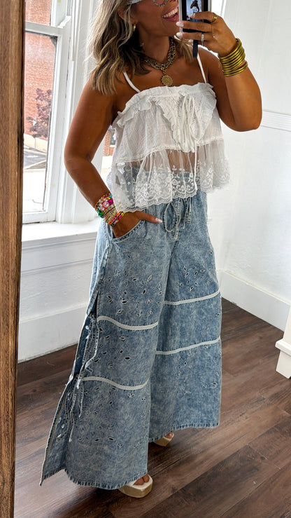 Embroidered Vine Pants, Denim