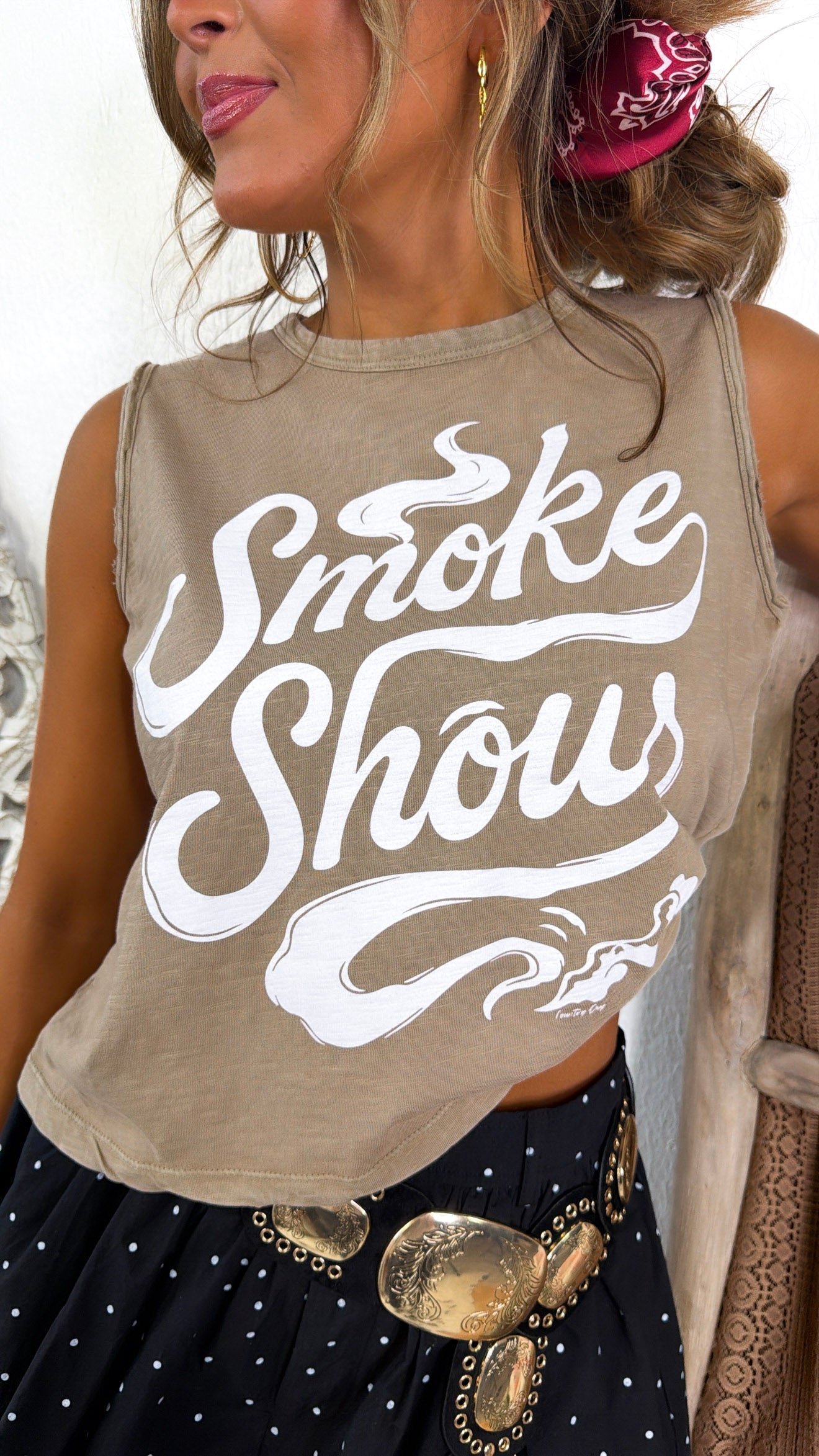 Graphic Smoke Show Muscle Tank, Washed Tan