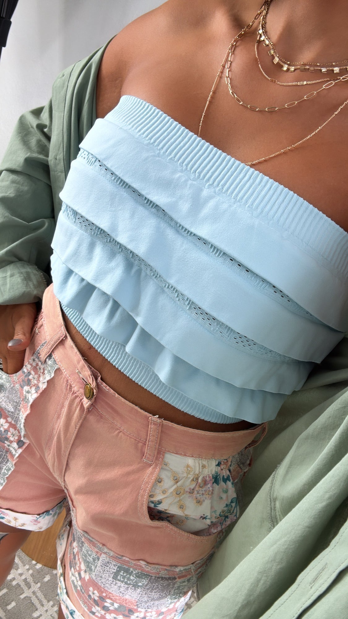 Layered Ruffled Tube Top, Breezy Blue