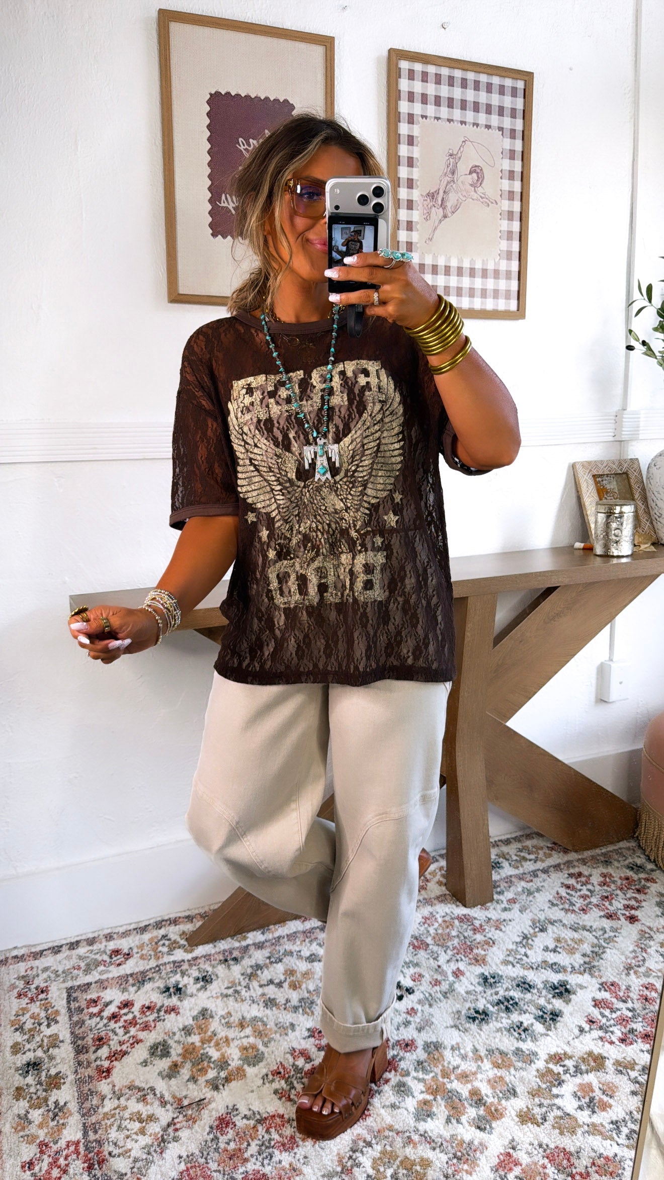 Lace Free Spirit Graphic Top, Brown