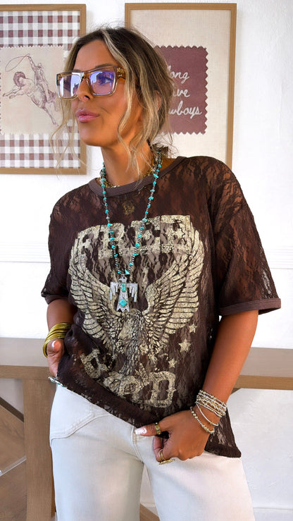 Lace Free Spirit Graphic Top, Brown