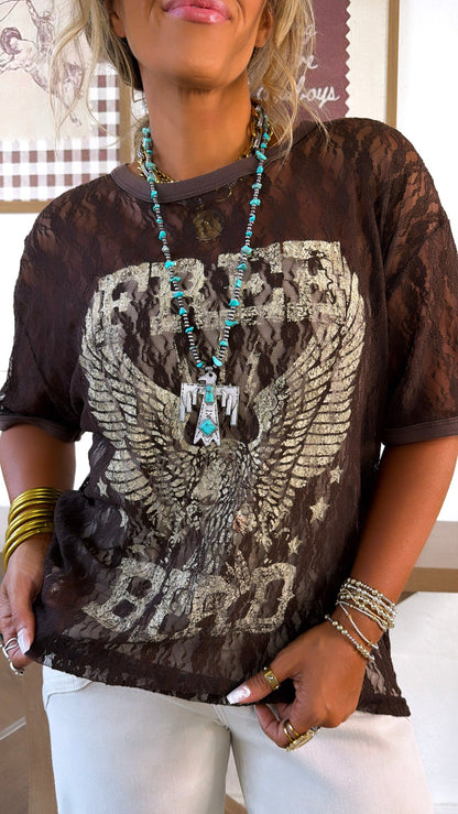 Lace Free Spirit Graphic Top, Brown