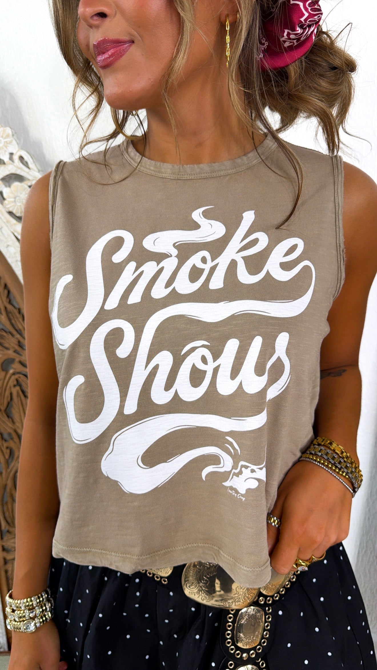 Graphic Smoke Show Muscle Tank, Washed Tan