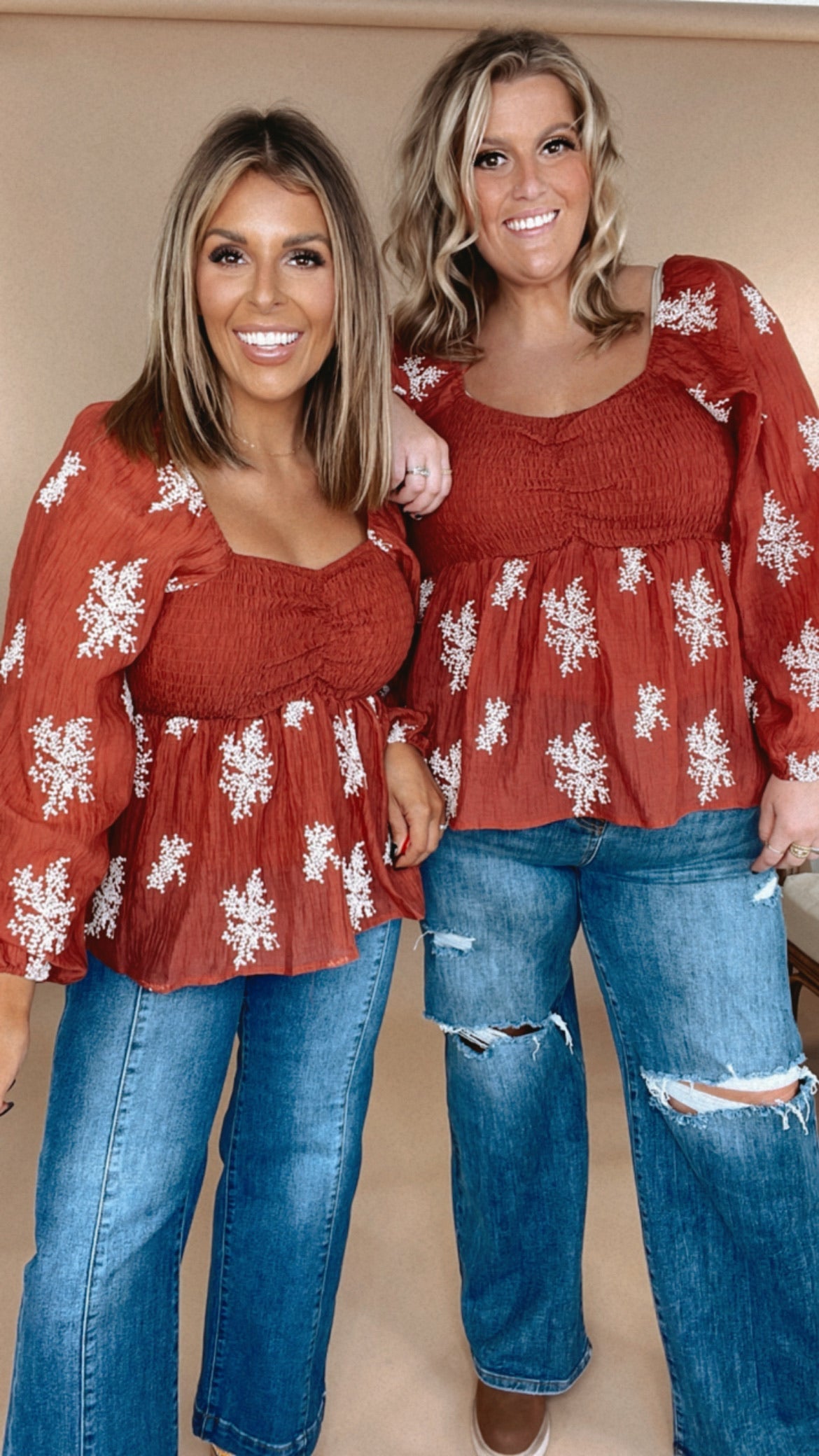 All About Details Embroidered Smocked Blouse, Rust