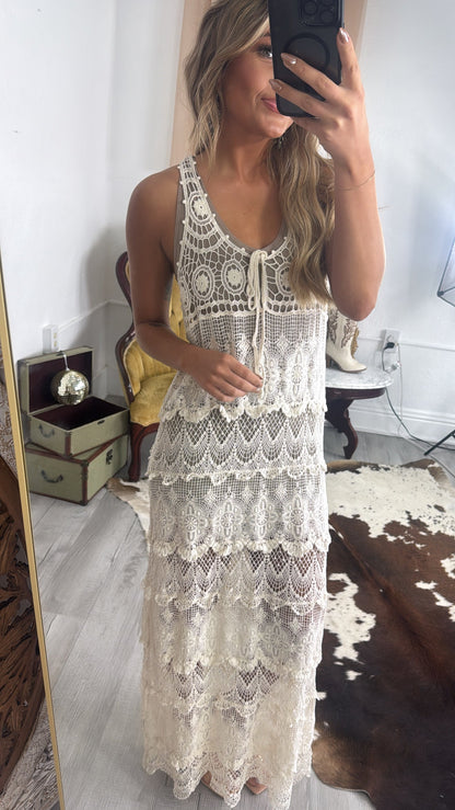 Into The Sun Crochet V Neck Maxi Dress, Natural