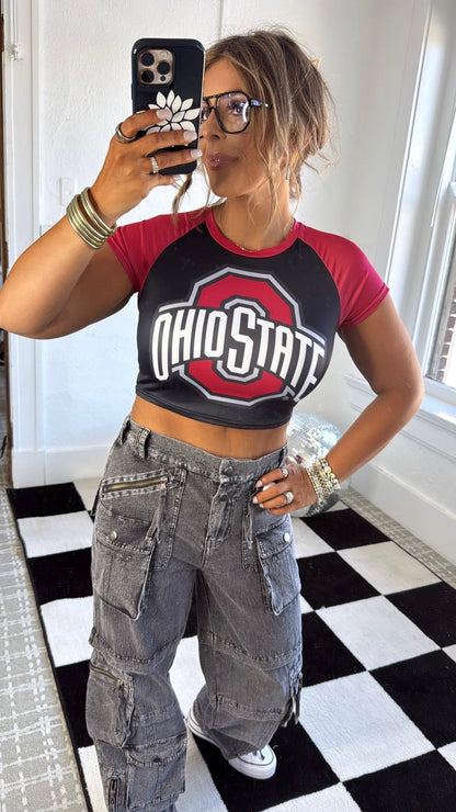 Ohio Crop Baby Tee, Black/Red