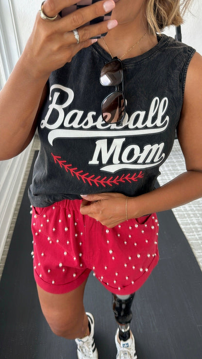 Baseball Mom Graphic Tank, Black/Red
