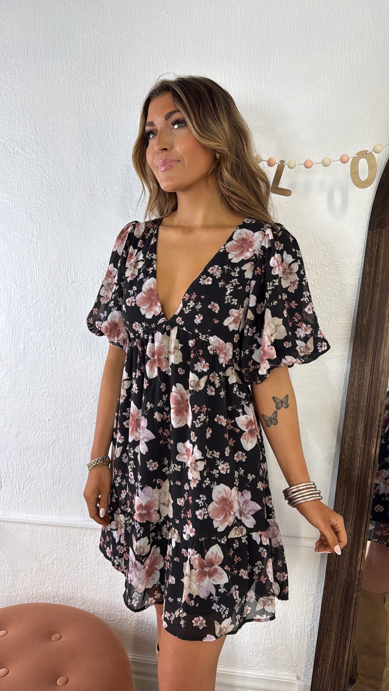 Della Dainty Floral Bubble Sleeve Mini Dress, Fall Black Multi