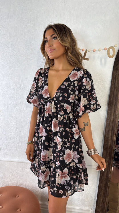 Della Dainty Floral Bubble Sleeve Mini Dress, Fall Black Multi