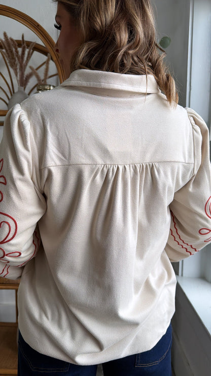 Prairie Bound Suede Button Up, Ecru/Rust