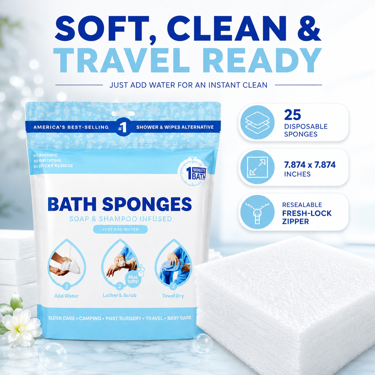 🫧Freshness Anytime, Anywhere! 25 Large Rinse-Free Bathing Wipes for Adults
