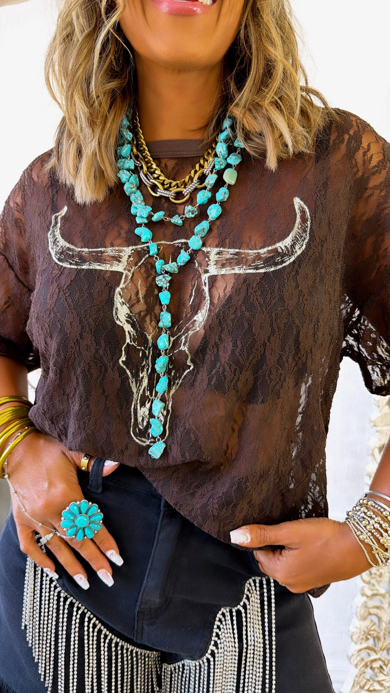 Lace Long Horn Graphic Top, Brown
