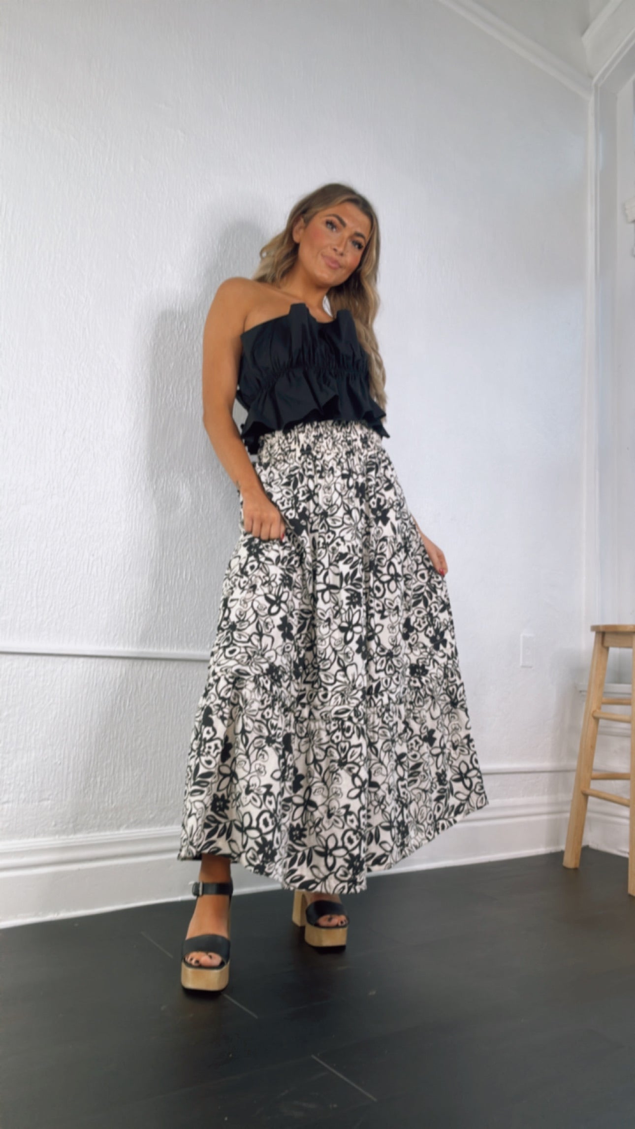 Picture Perfect Floral Tiered Midi Skirt, Black