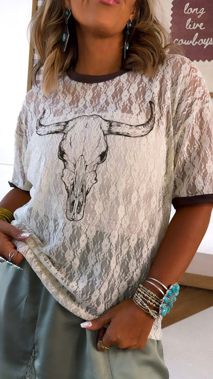 Lace Long Horn Graphic Top, Bone