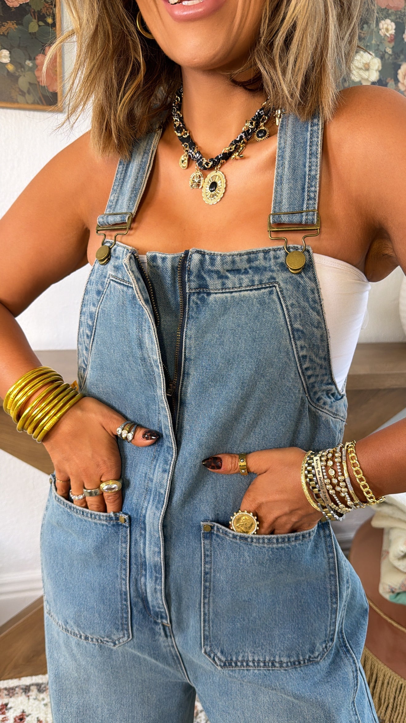 Bayberry Bloom Overalls, Denim