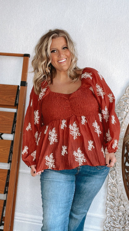 All About Details Embroidered Smocked Blouse, Rust