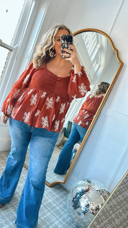 All About Details Embroidered Smocked Blouse, Rust