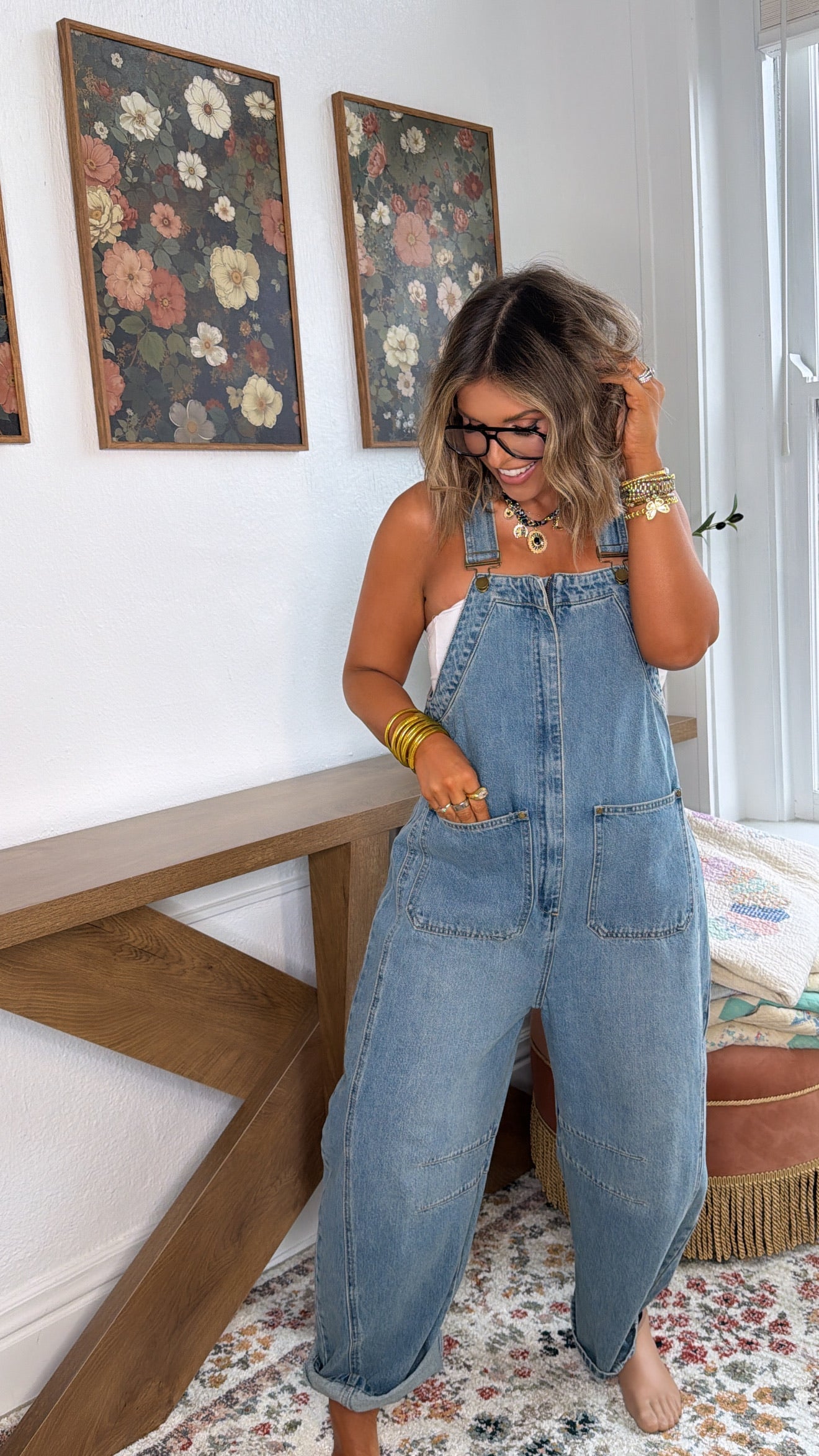 Bayberry Bloom Overalls, Denim