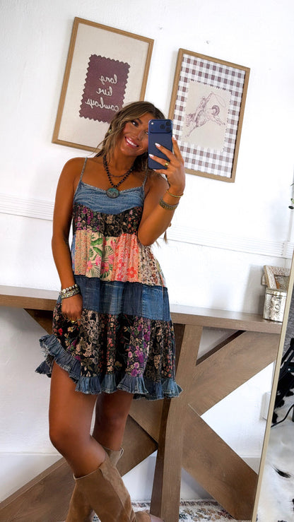 Floral & Denim Mini Dress, Denim
