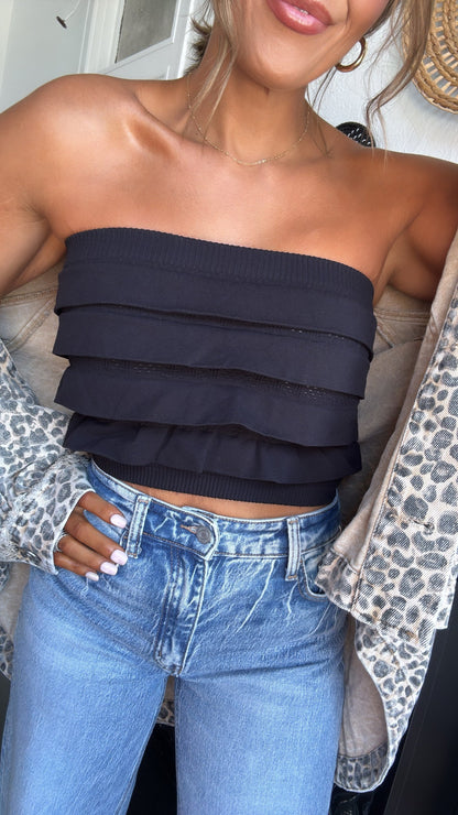 Layered Ruffled Tube Top, Black