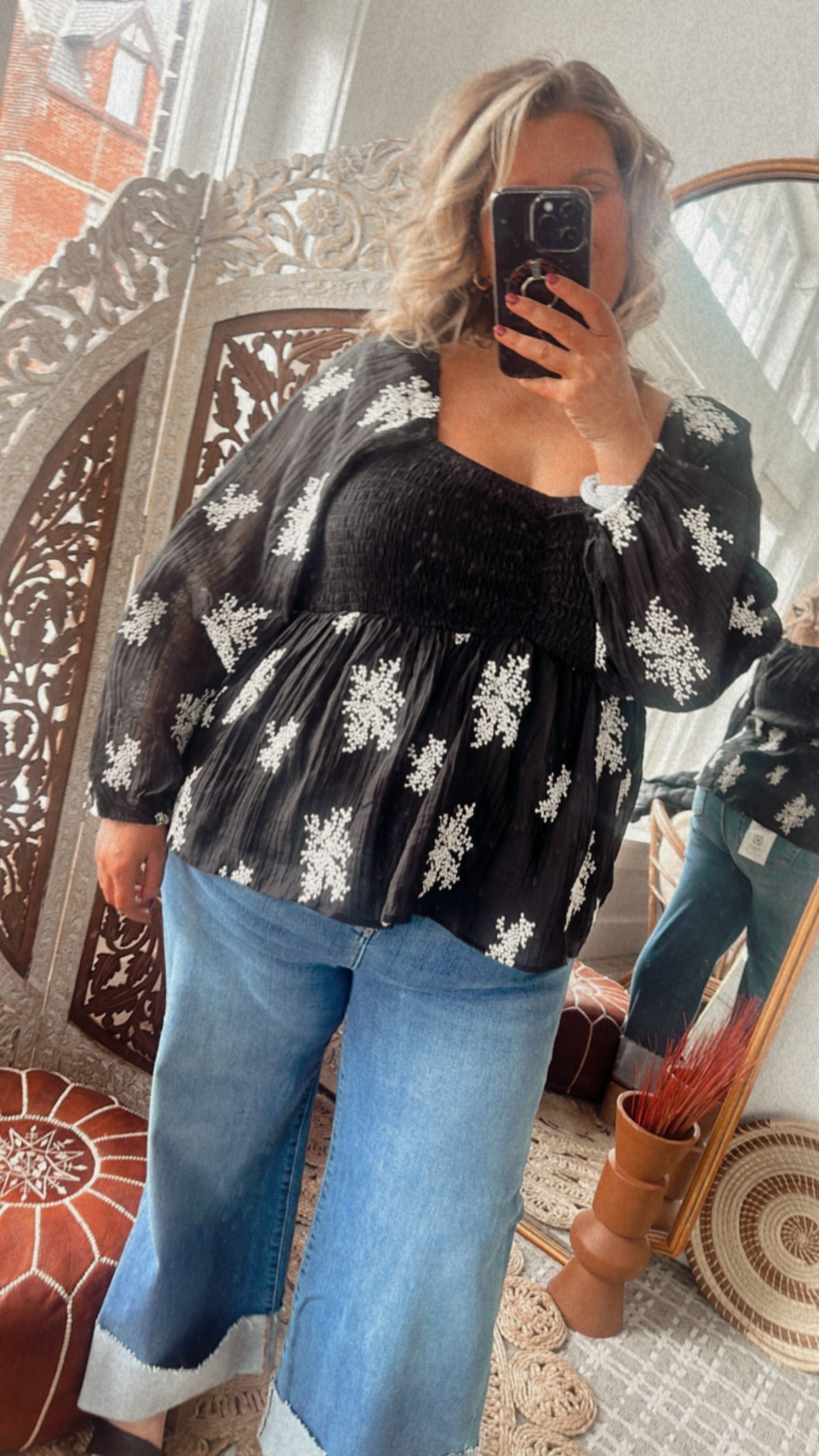 All About Details Embroidered Smocked Blouse, Black