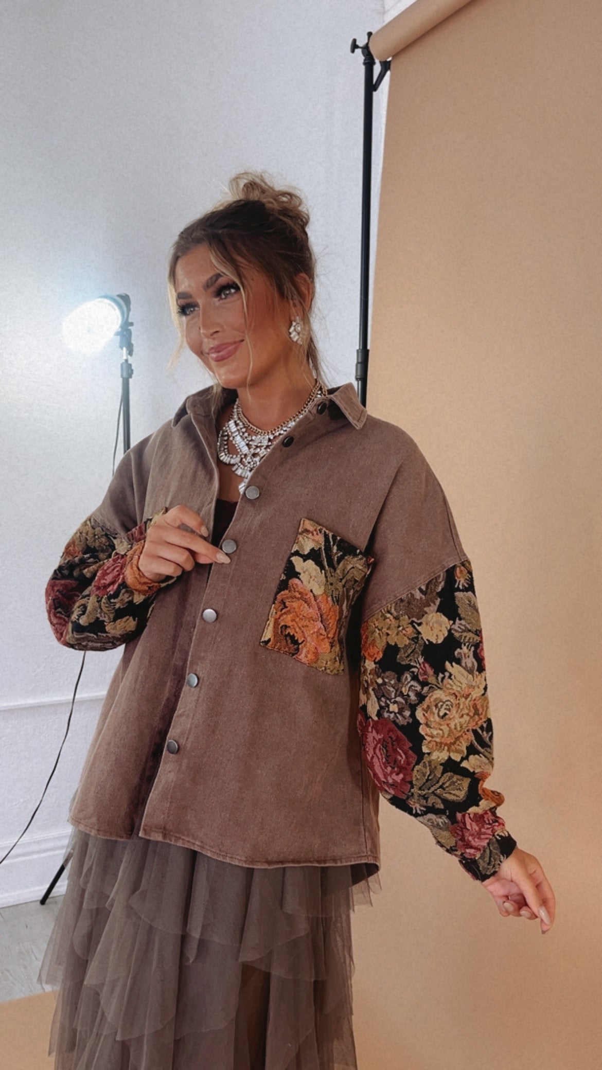 Contrast Jacquard Shacket, Chocolate