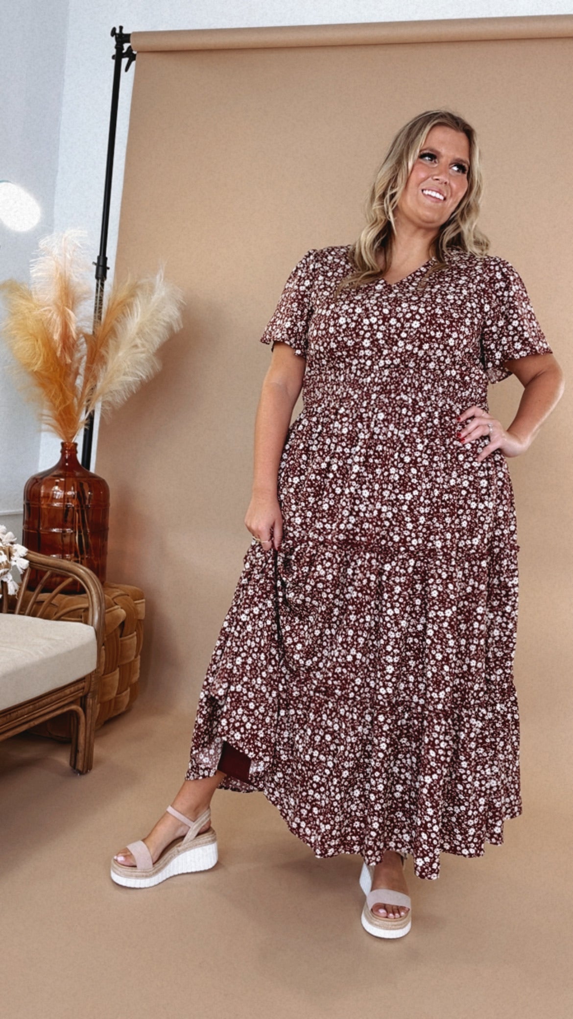 ECB Exclusive: Many Moments Floral Maxi Dress, Wine