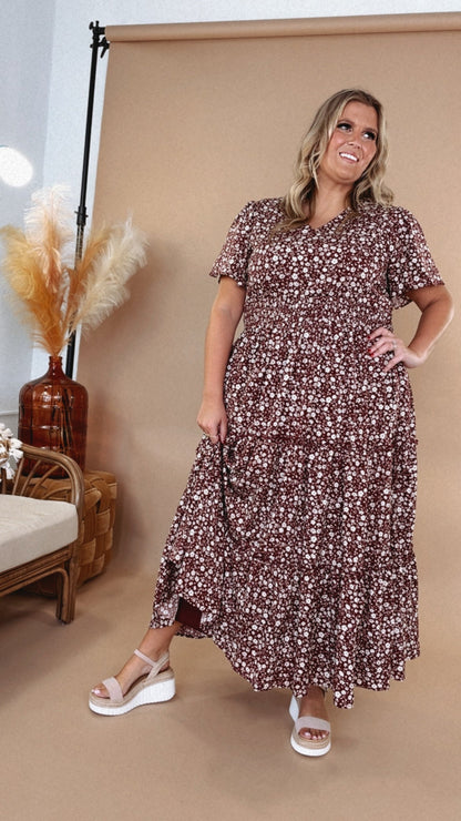 ECB Exclusive: Many Moments Floral Maxi Dress, Wine