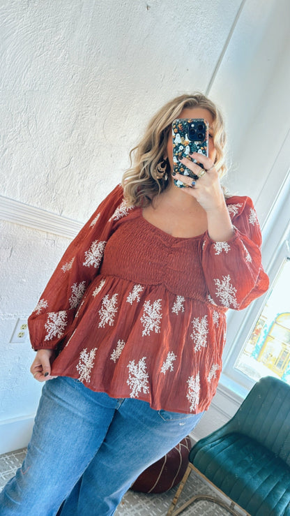 All About Details Embroidered Smocked Blouse, Rust