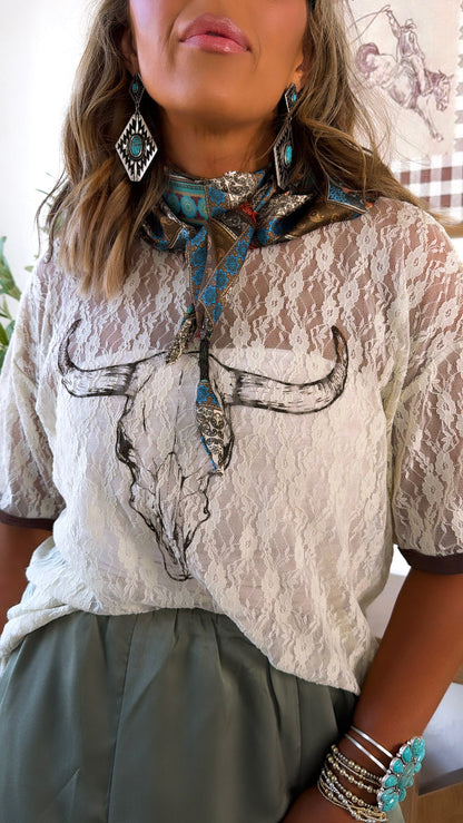 Lace Long Horn Graphic Top, Bone