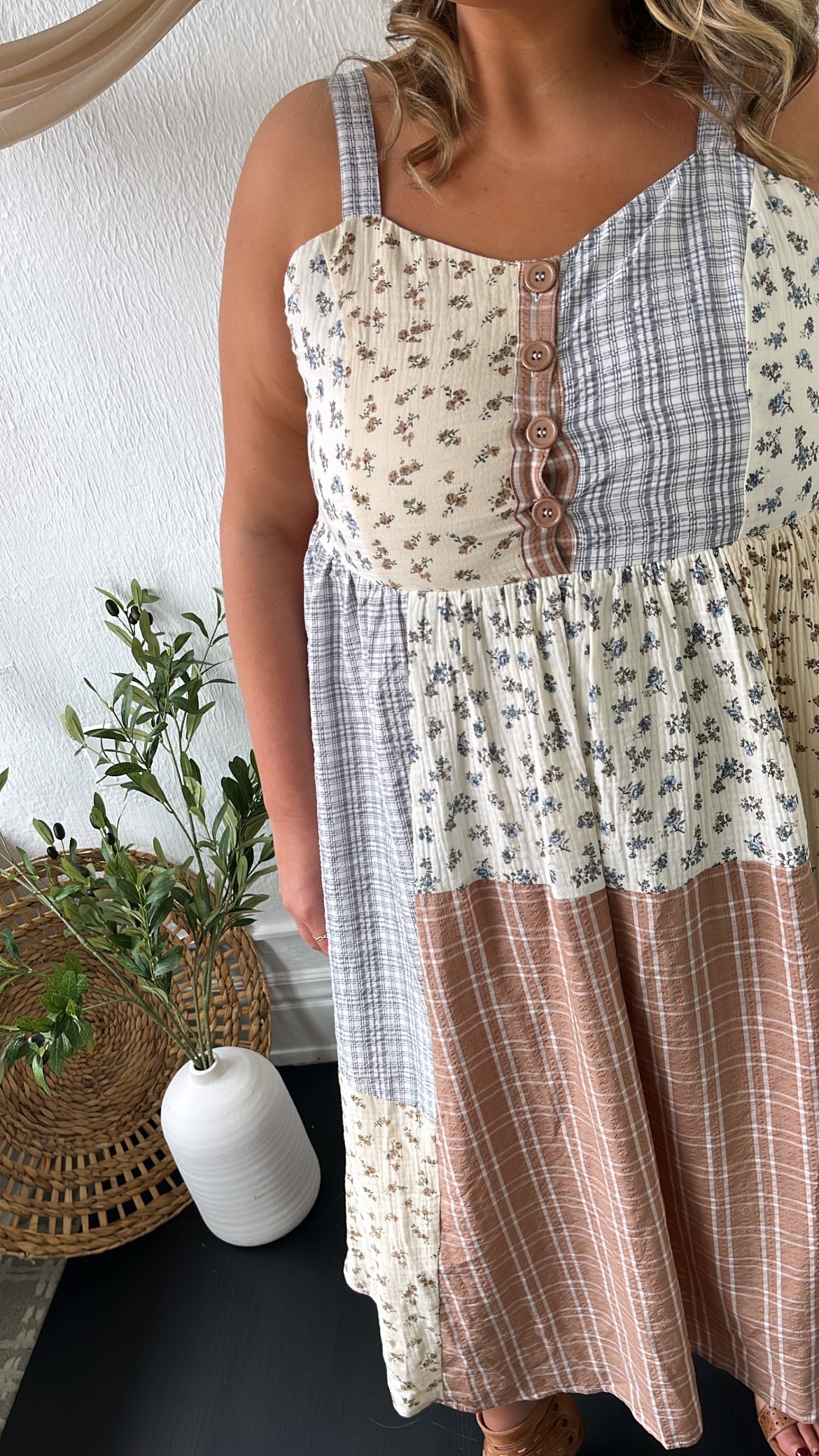 Patchwork Blooms Midi Dress, Ivory