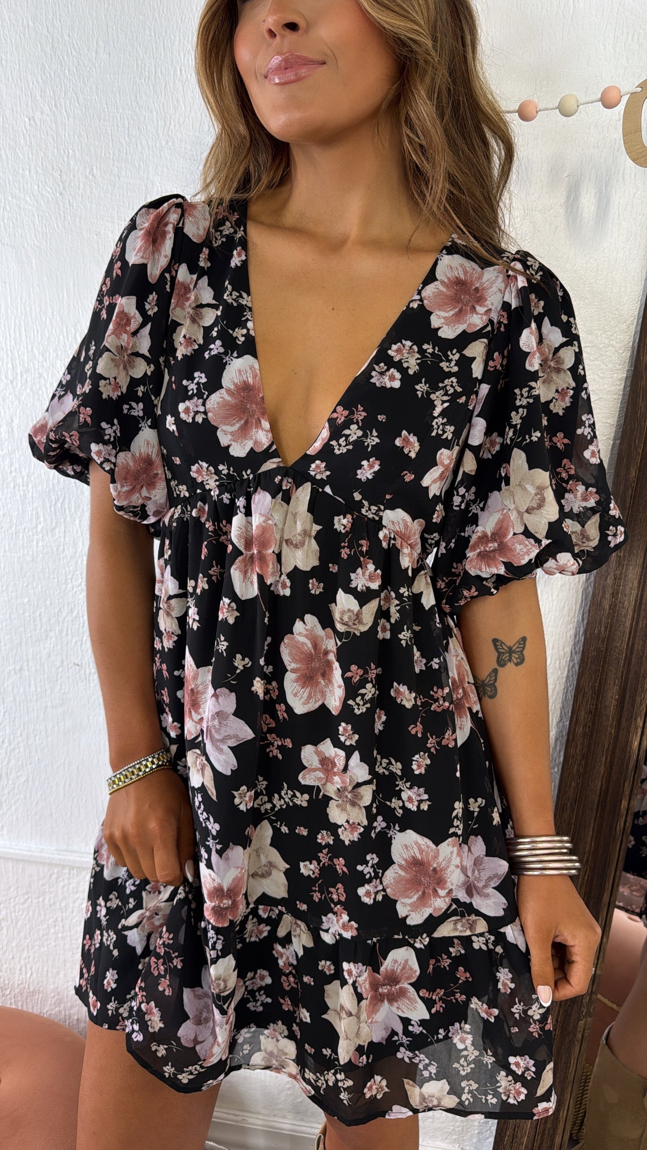 Della Dainty Floral Bubble Sleeve Mini Dress, Fall Black Multi