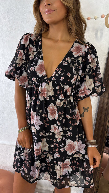 Della Dainty Floral Bubble Sleeve Mini Dress, Fall Black Multi