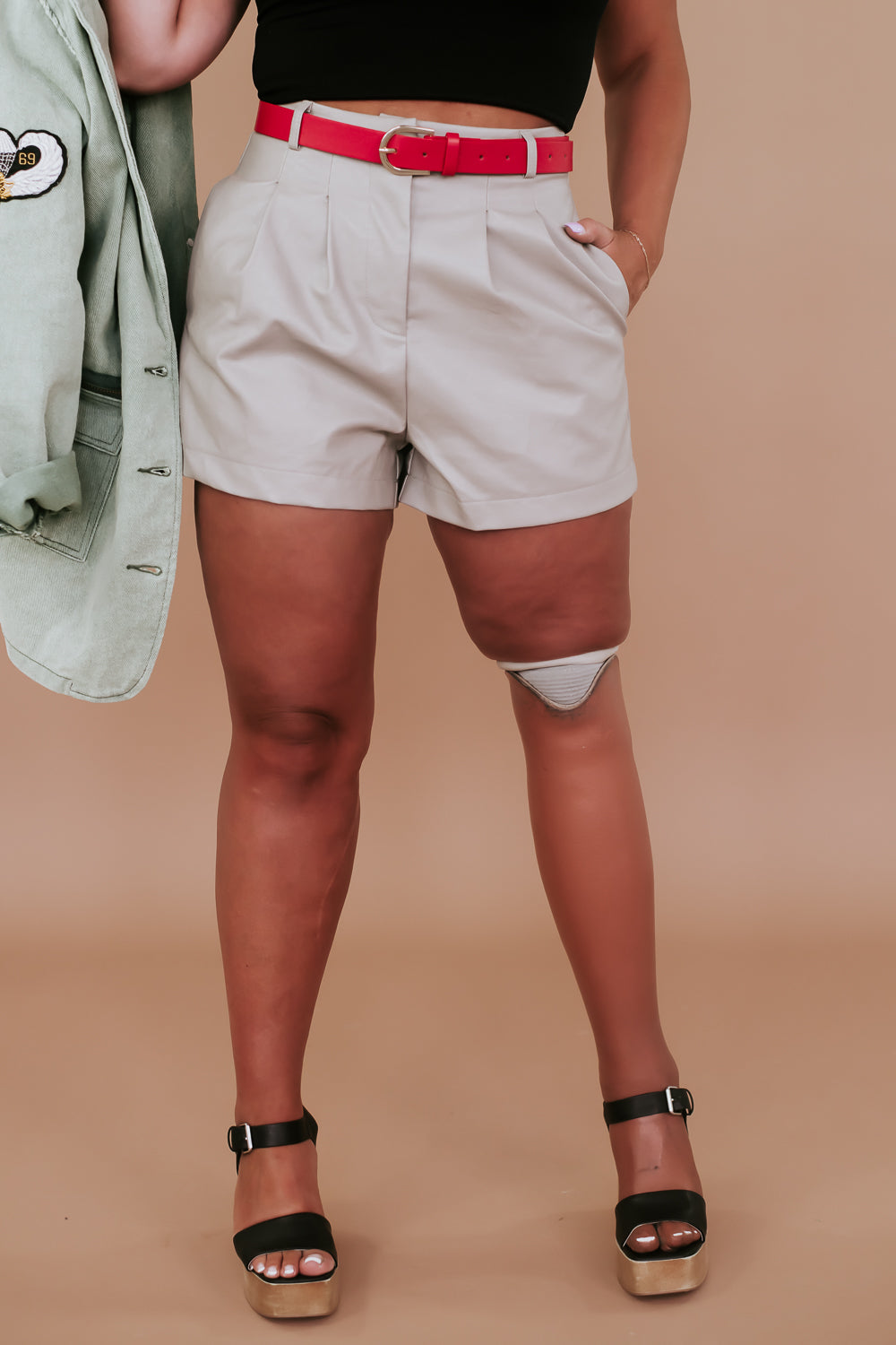 Hollis Leather Shorts , Taupe Grey