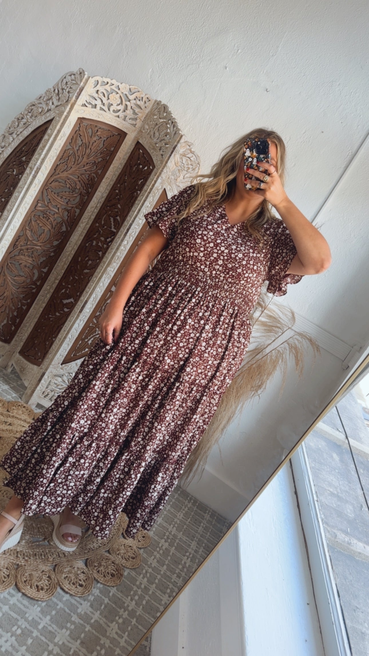 ECB Exclusive: Many Moments Floral Maxi Dress, Wine