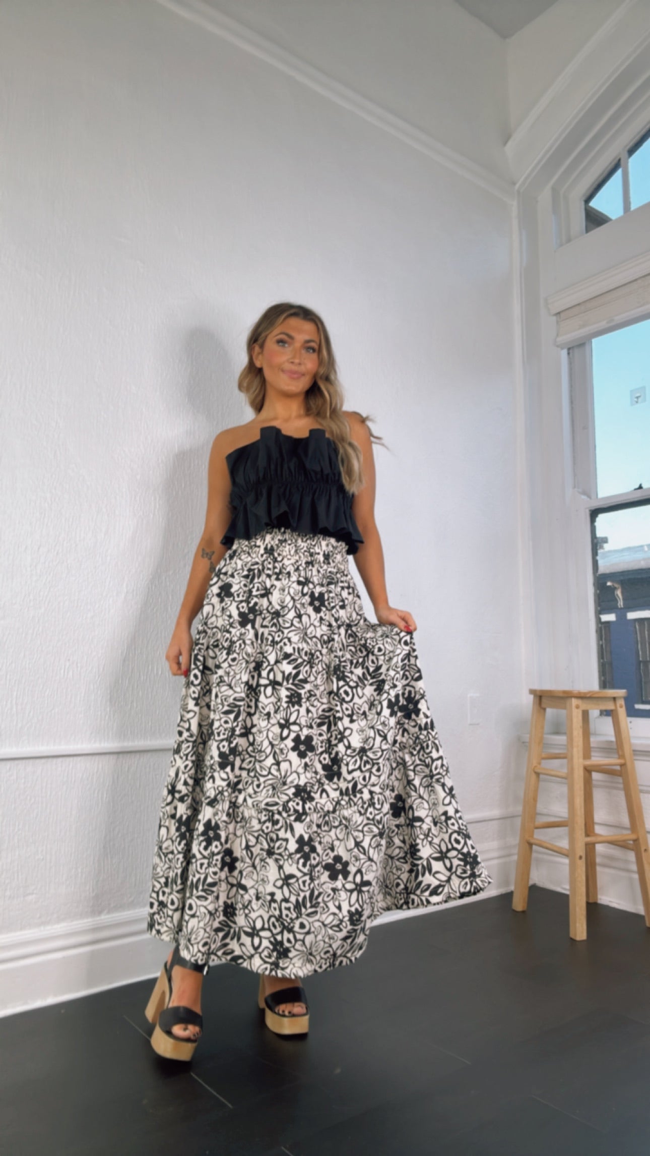 Picture Perfect Floral Tiered Midi Skirt, Black