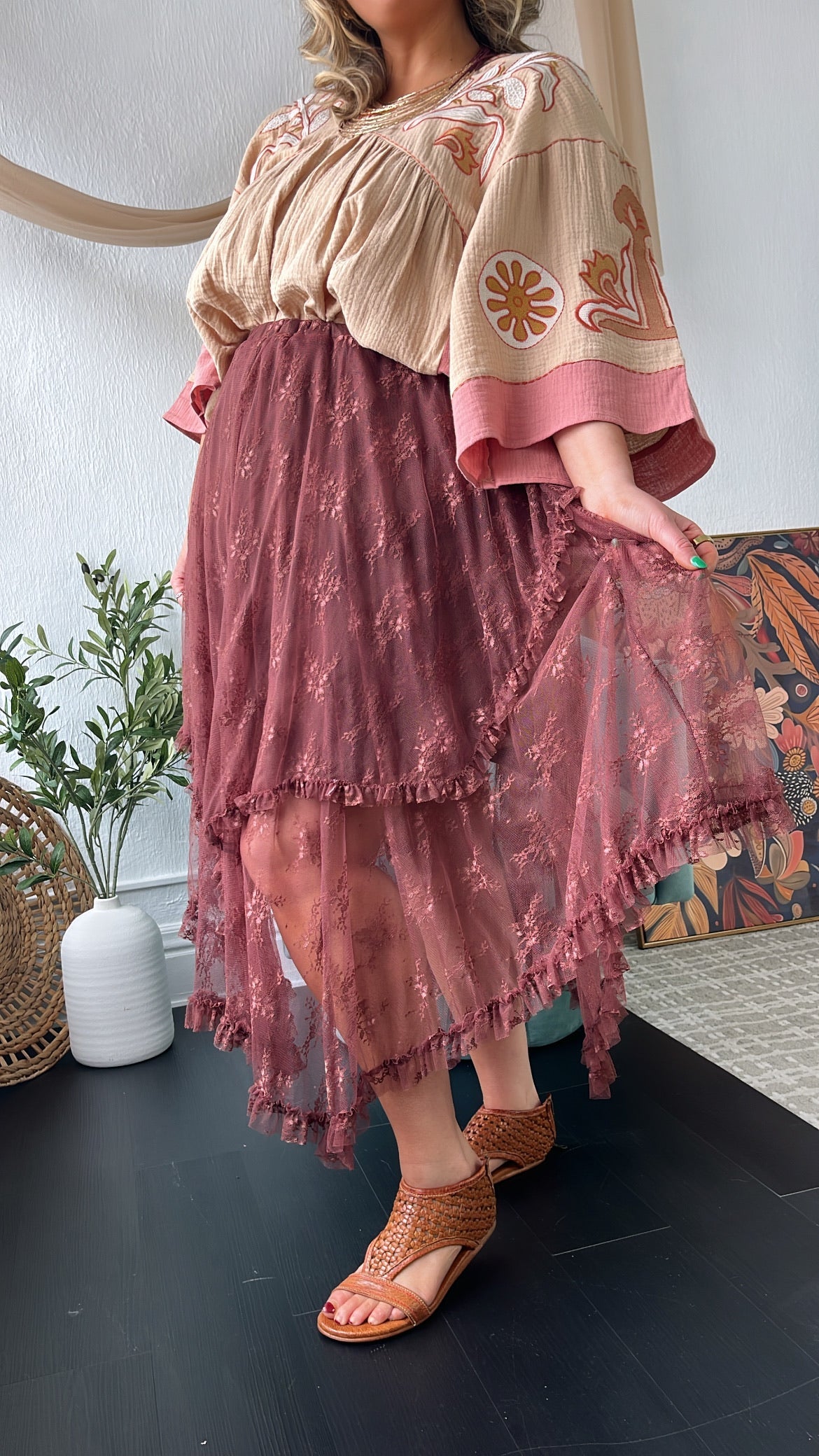 Delicate Dreams Embellished Lace Skirt, Chestnut