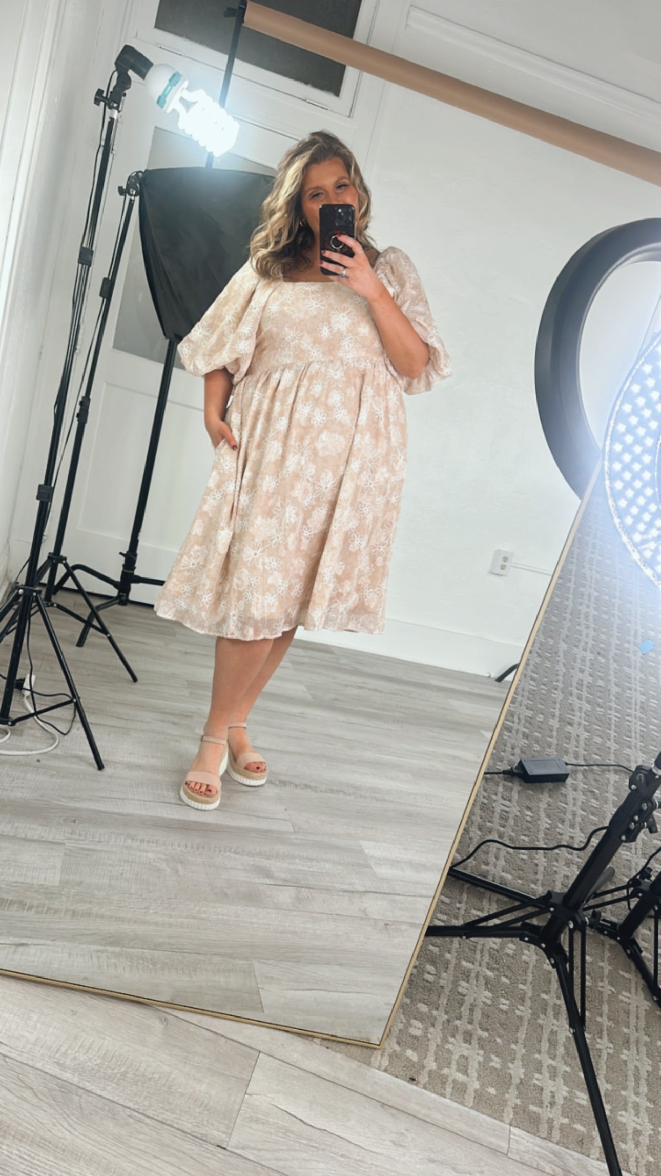 Floral Chiffon Midi Dress, Sand