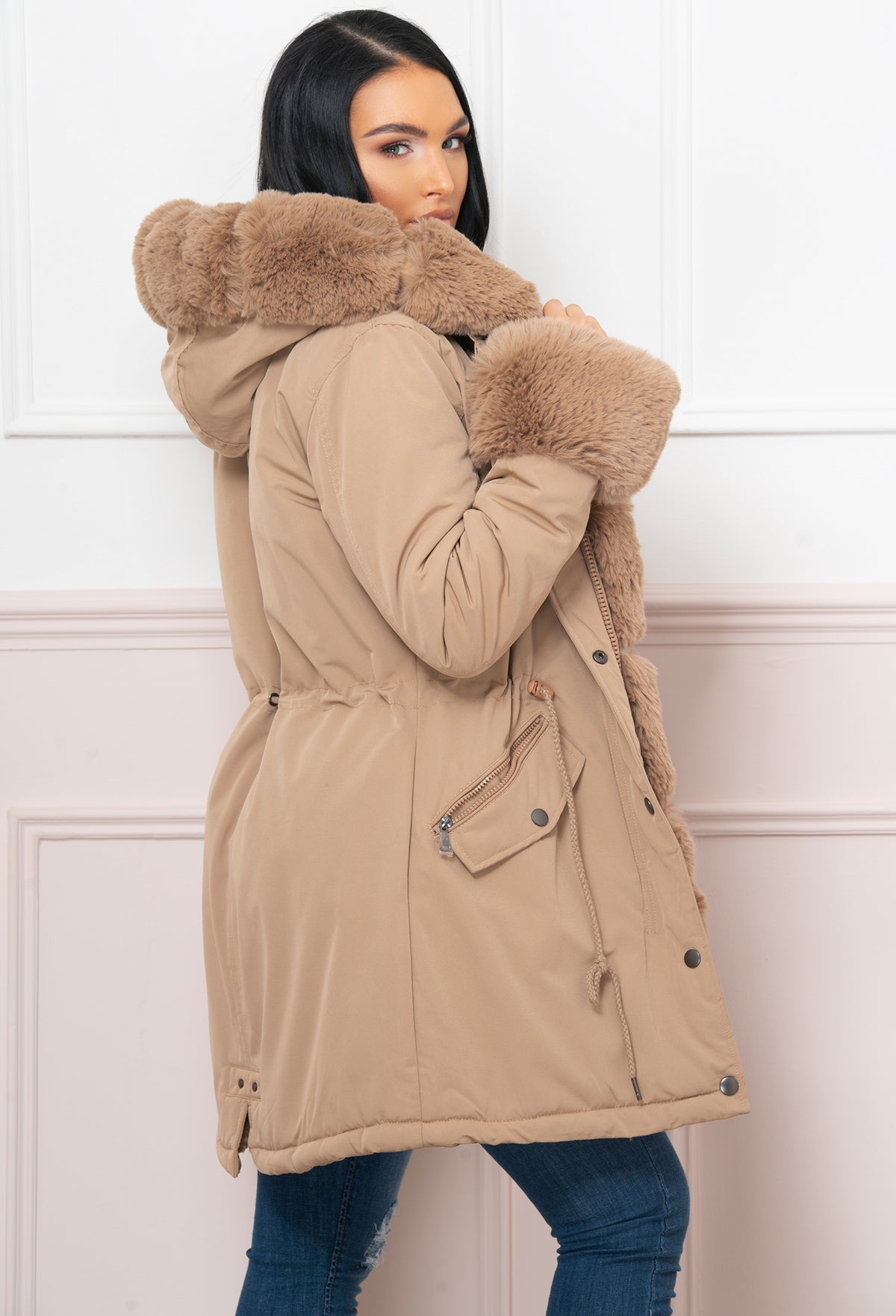 Cocoa Kisses Tan Fur Trim Parka Coat